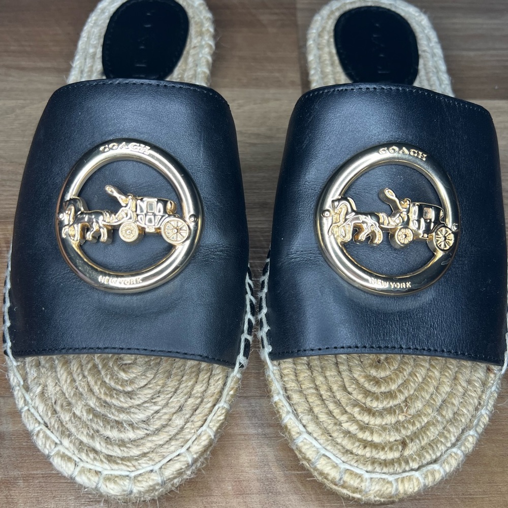 Coach Women's Black Leather Espadrille Slide Sandals